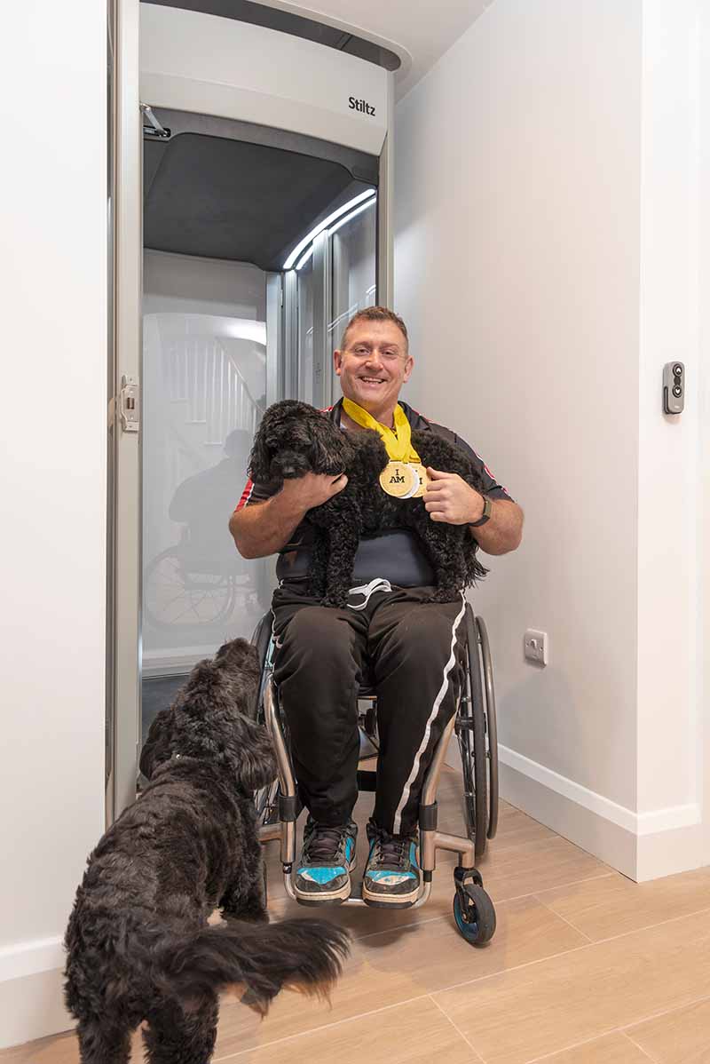 andy is a wheelchair user living alone and has his independent because stiltz home lifts